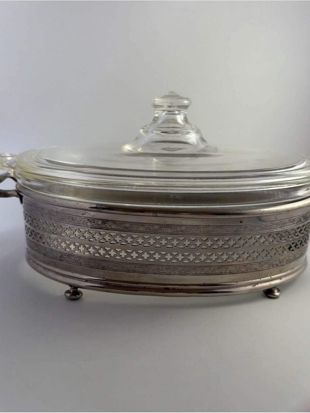 Vintage Pyrex Clear Glass Lidded Oval Casserole with Metal Stand